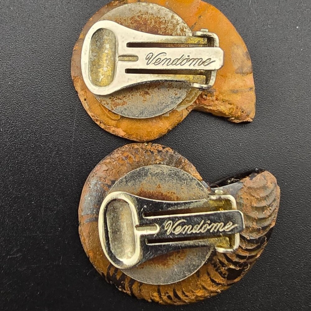 Rare Vendome Ammonite Fossil Clip-On Earrings Yellow & Brown Vintage READ - Picture 5 of 8